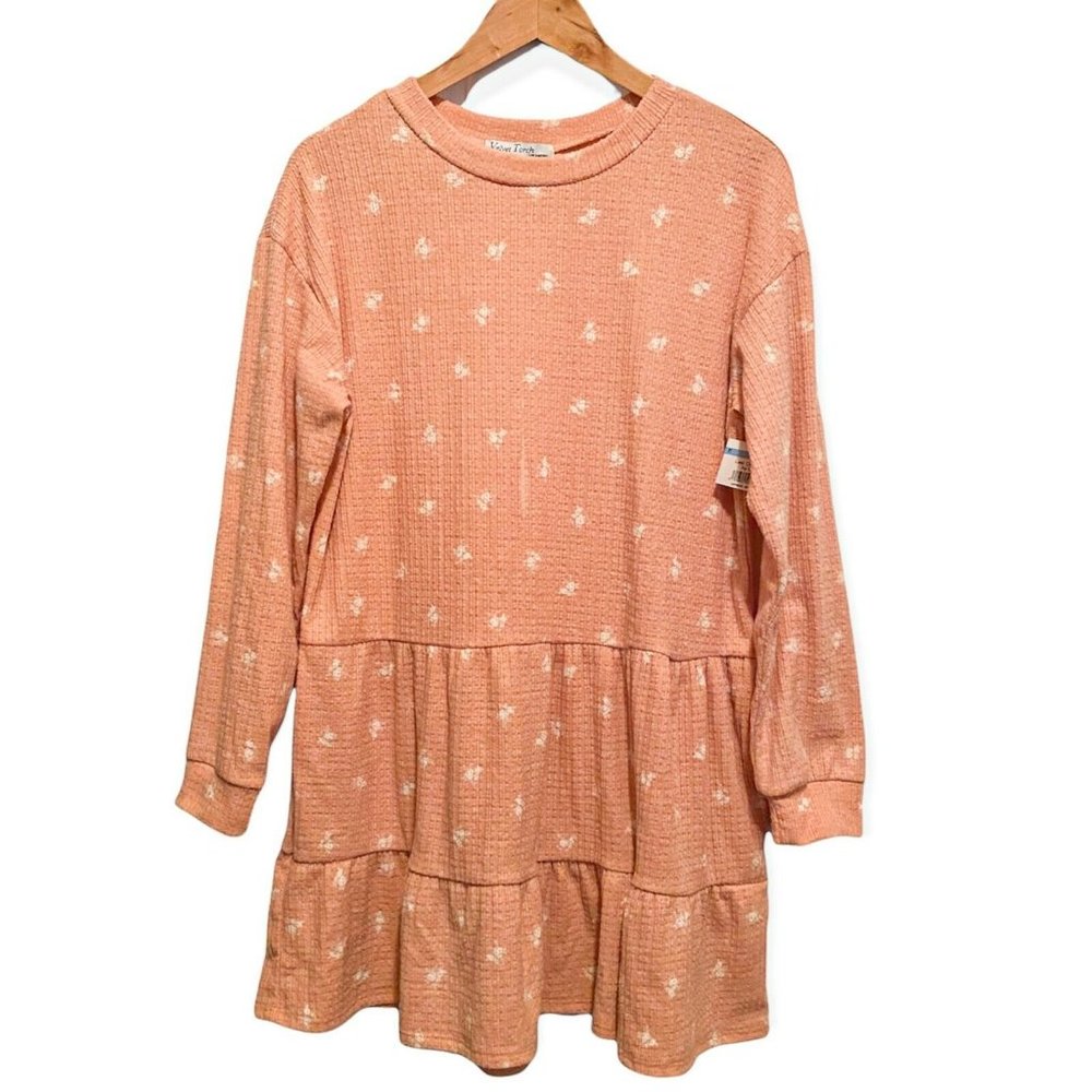 Velvet Torch Women's Size L Long Sleeve French Terry Tiered Dress Dusty Rose
